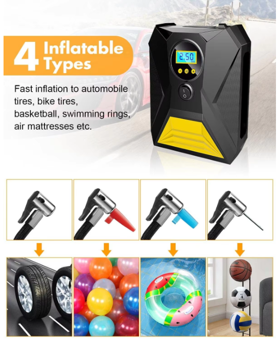 Portable DC Digital Tyre Inflator 12V, 150 PSI with Digital Pressure Gauge and LED Light