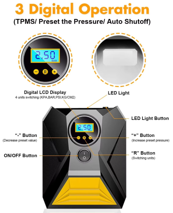 Portable DC Digital Tyre Inflator 12V, 150 PSI with Digital Pressure Gauge and LED Light