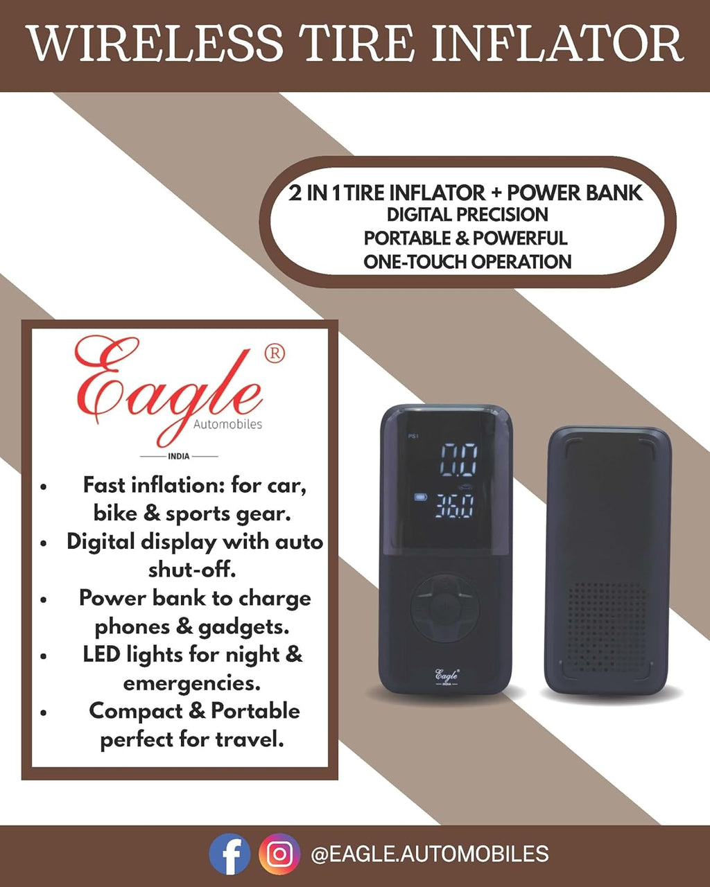 EAGLE CHRODLESS TYRE INFLATOR 60 Watt Portable Tyre Inflator